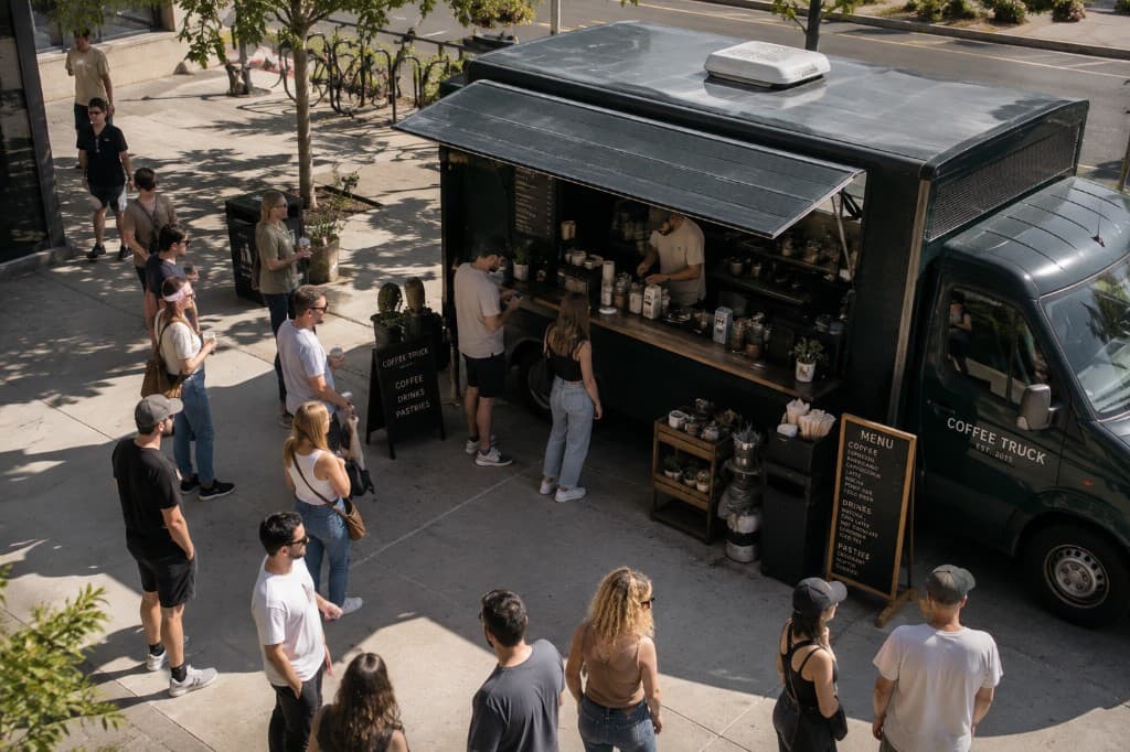 Coffee truck serving a line of customers outdoors