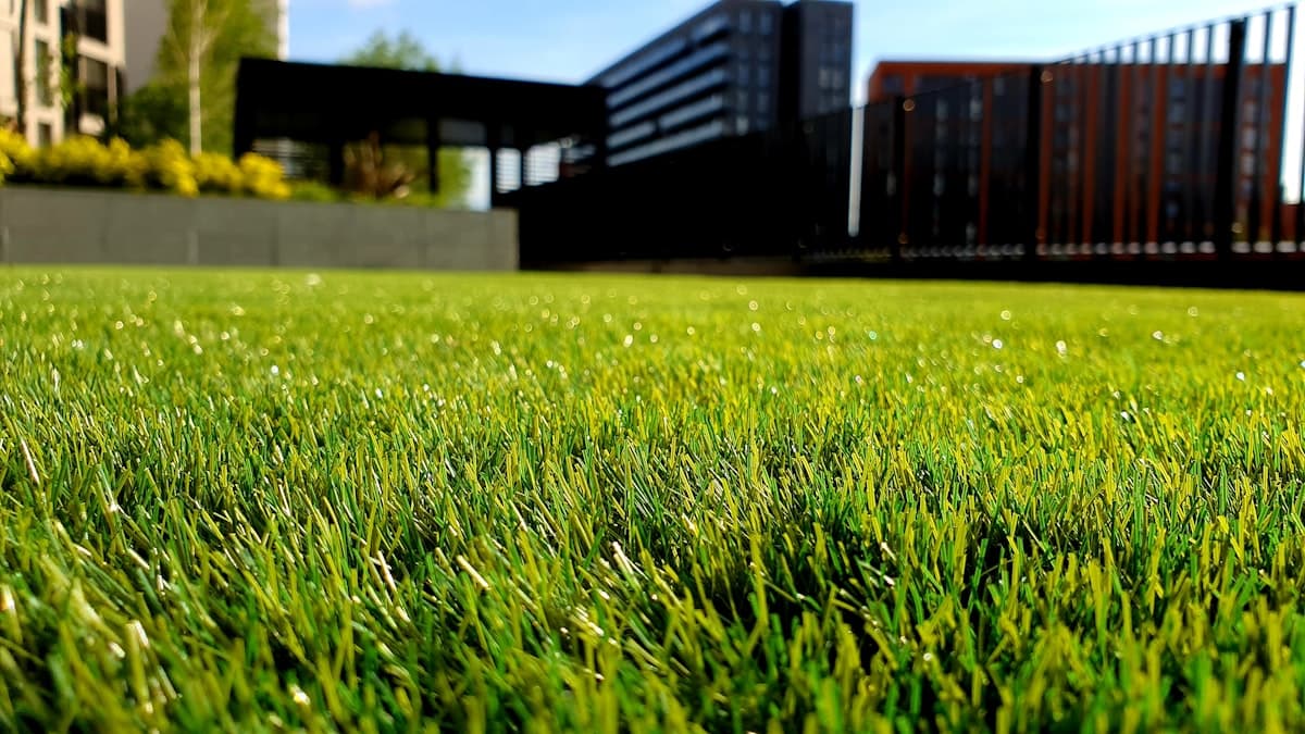 Landscaping crew working on a manicured lawn and garden