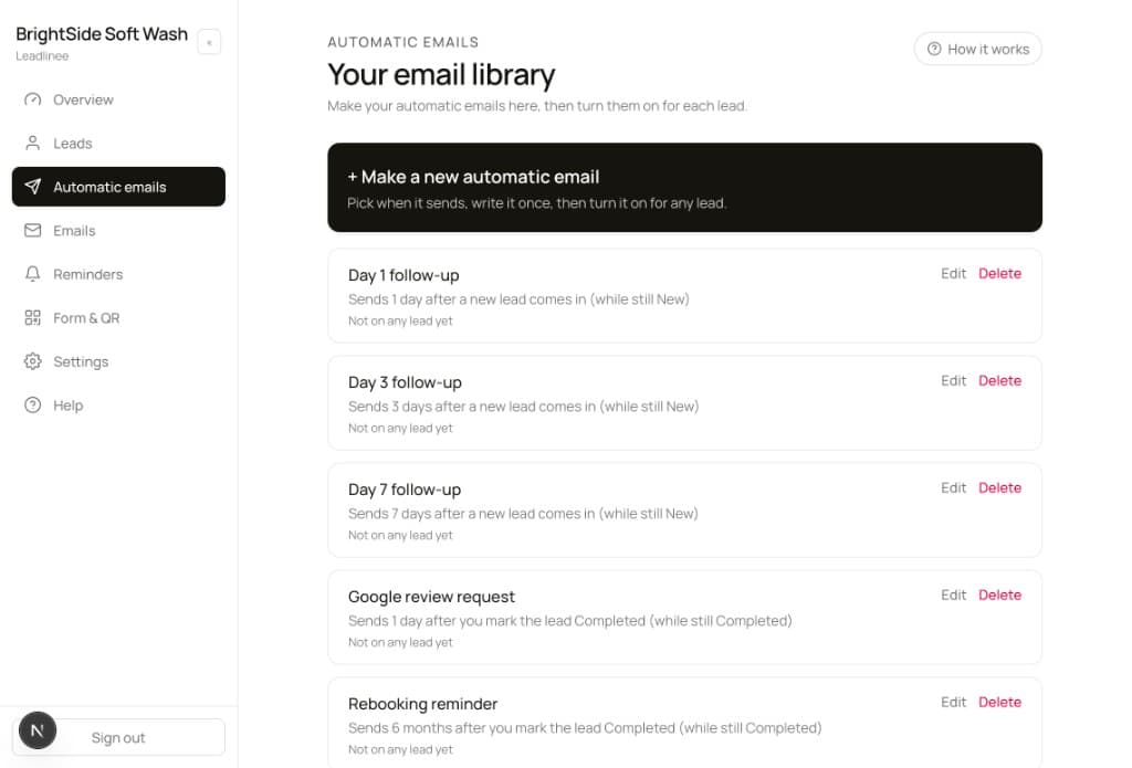Leadlinee automatic email library with follow-up, review, and rebooking emails for BrightSide Soft Wash.