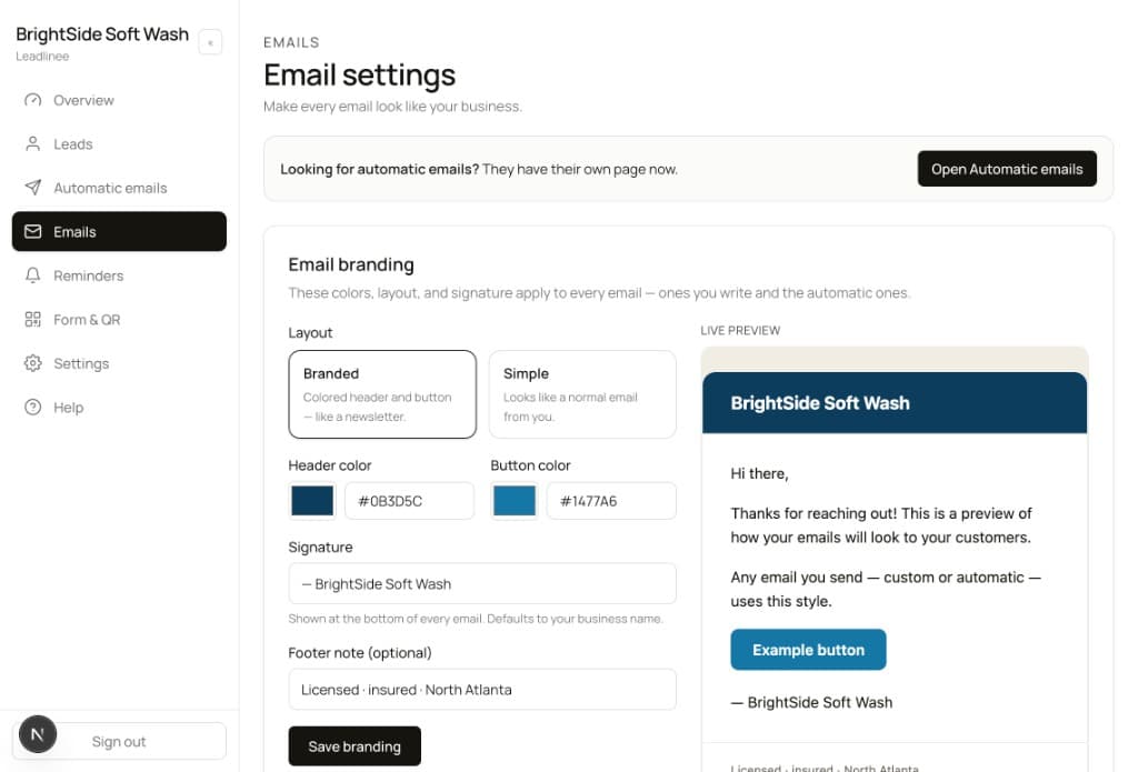 Email branding settings with branded and simple layout options and a live preview for BrightSide Soft Wash.