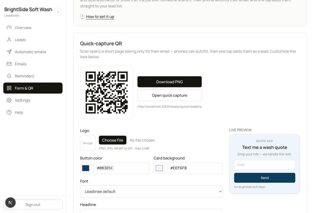Quick-capture QR page with downloadable code and live preview of a wash-quote capture card for BrightSide Soft Wash.