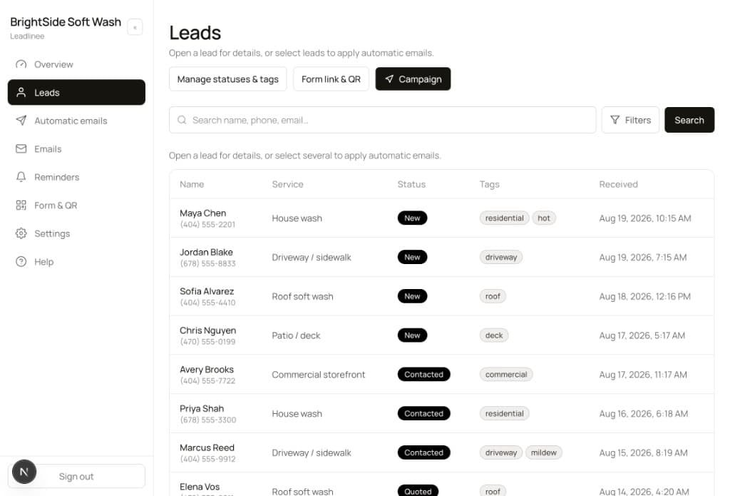 Leadlinee leads list for BrightSide Soft Wash with house wash and driveway jobs, statuses, and tags.