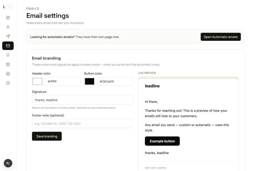 Email branding settings with live preview of a branded message