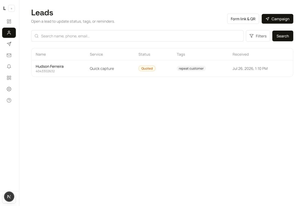 Leadlinee leads list showing a customer with Quoted status