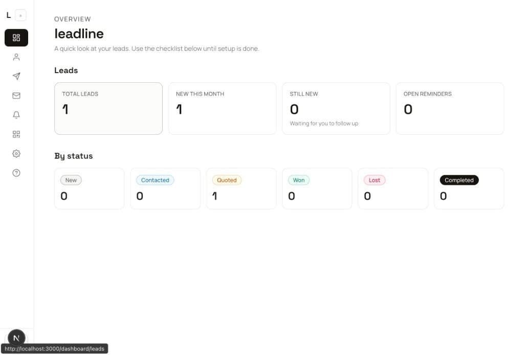 Leadlinee overview dashboard with lead counts and status breakdown