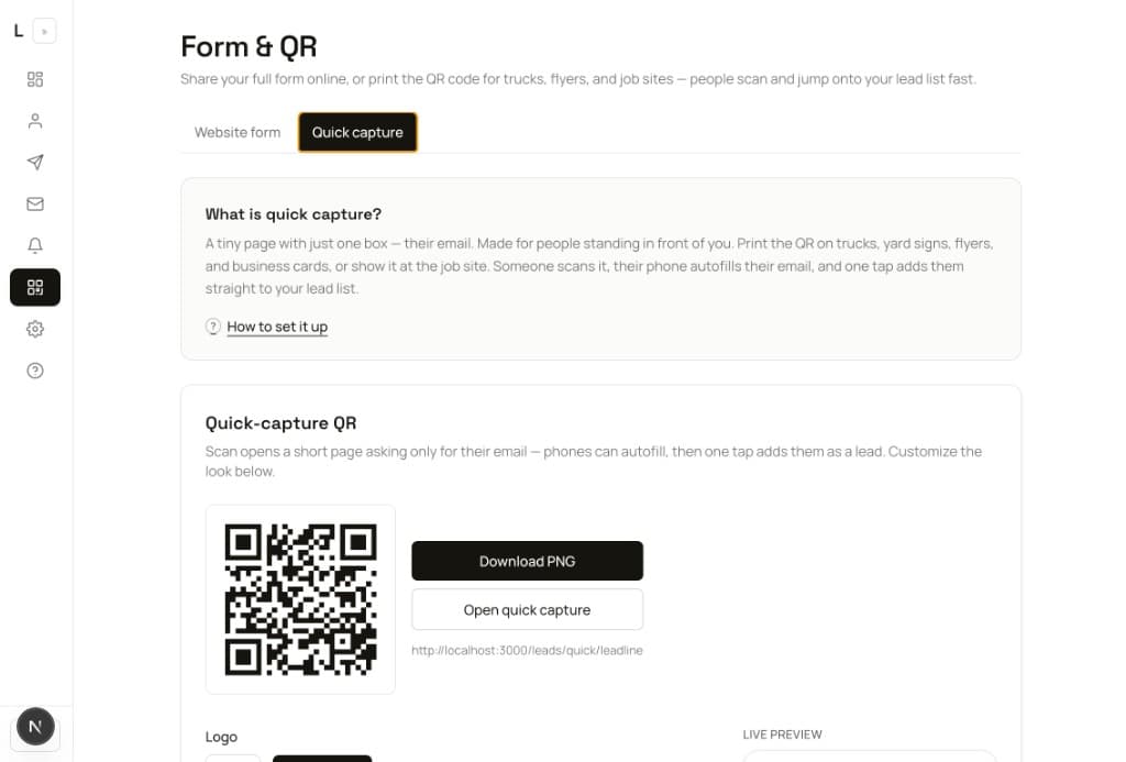 Quick-capture QR settings with downloadable code and email-only page